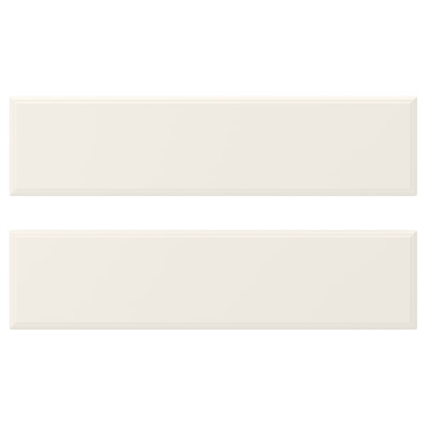 Displays two white rectangular BODBYN cabinet doors, featuring smooth, bevelled edges and a lacquered finish.