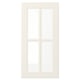 Off-white BODBYN door with bevelled panels, smooth lacquered surface, and tempered glass – ideal for traditional kitchens.