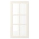 A white BODBYN door with a classic design and bevelled panels for a traditional look. It has a smooth, lacquered finish and tempered glass panels.
