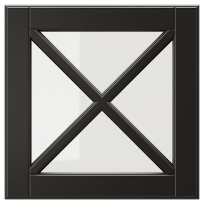 Black framed glass door with bevelled edges, featuring an x design in a square shape.