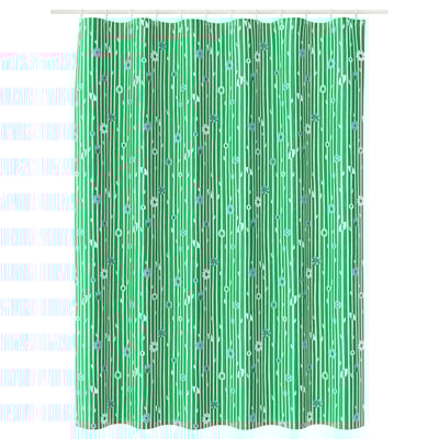 Green shower curtain with small floral pattern, stripes, and water-repellent surface.