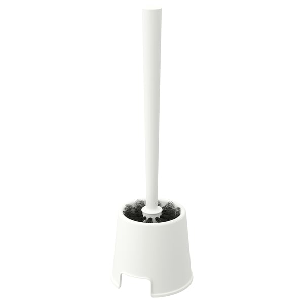 BOLMEN white toilet brush; durable plastic, cylindrical base, long handle, simple design.