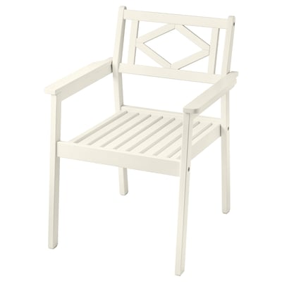 A BONDHOLMEN white wooden chair with armrests. It has a diamond-shaped back design and slatted seating.
