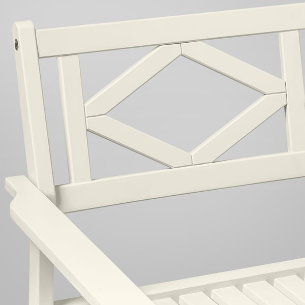 White outdoor furniture, acacia wood, meticulously designed with geometric backrest, sturdy and well-crafted.