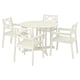 A BONDHOLMEN outdoor seating set in white. It includes a round table and four armchairs with a classic, wooden design.