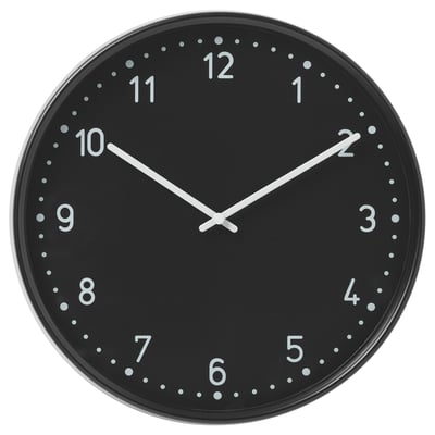 Black, round, silent quartz clock with white hands and numbers.