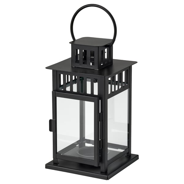 Black BORRBY lantern with traditional design; made of steel and glass, a handle and a square shape.