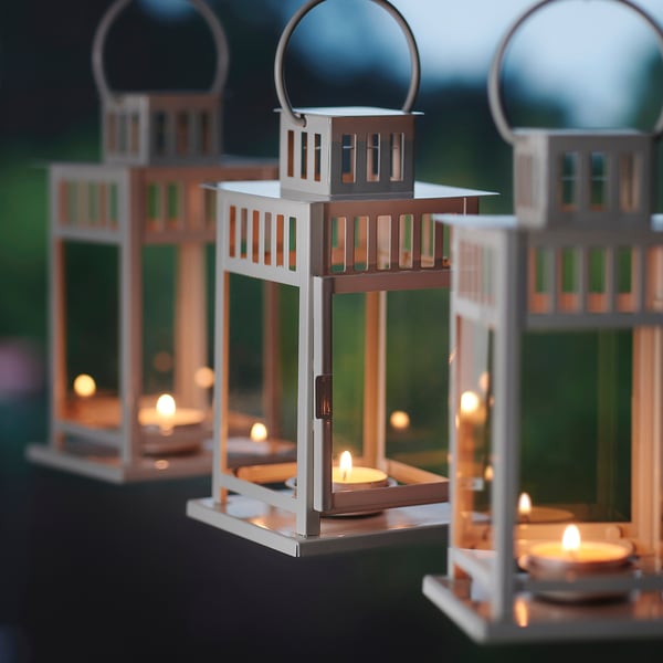 BORRBY Lantern for tealight, in/outdoor white, 20 cm