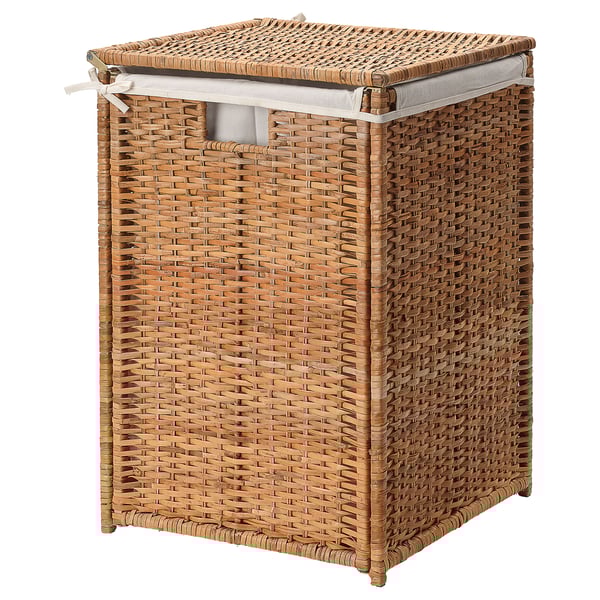 Branas woven laundry basket, brown, rectangular, rattan with lid.