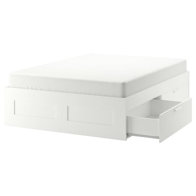 White BRIMNES bed frame with 4 drawers, sleek, modern design.