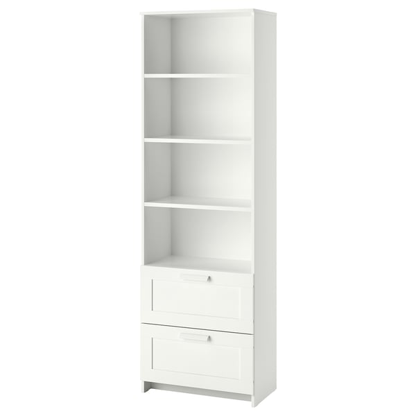 A white BRIMNES bookcase with drawers, featuring adjustable shelves for storage and display.