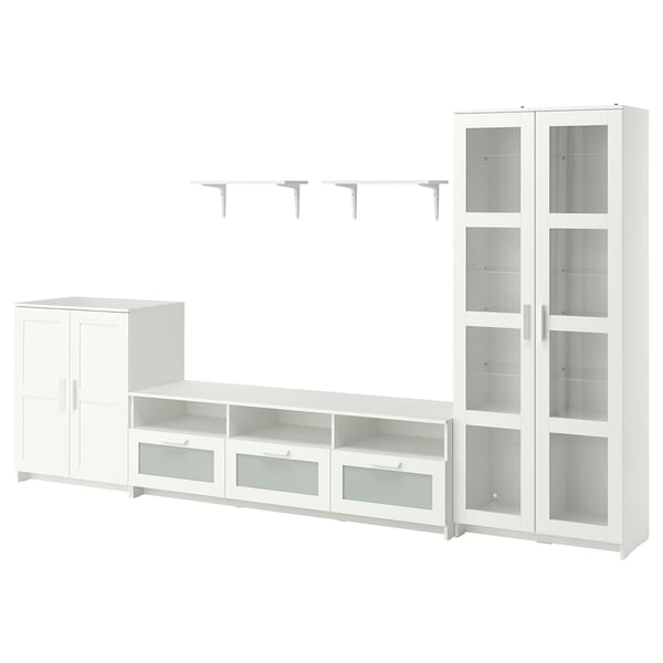 White BRIMNES modular storage unit featuring tv bench, cabinets, wall shelves, and glass-door bookcase. Sleek and modern with adjustable shelves.