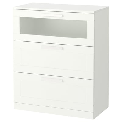 BRIMNES white chest, 3 drawers, sleek modern design, frosted glass top drawer.