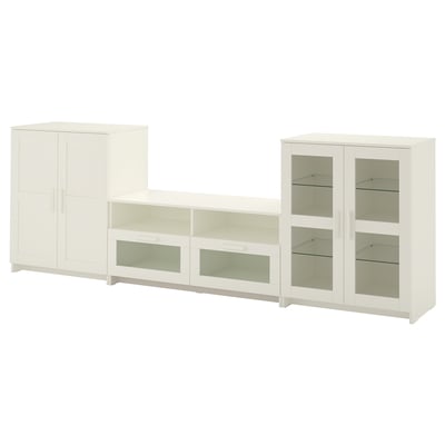 White tv storage unit set, modern minimalist design, with drawers, glass doors, and cable outlets.