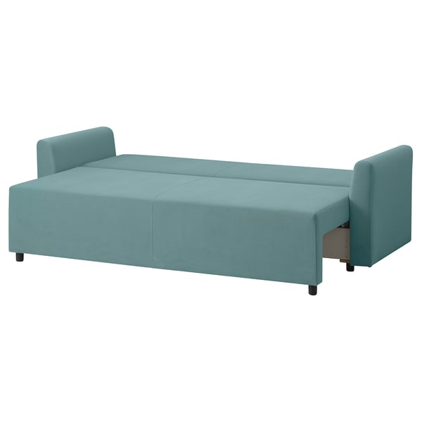A turquoise BRISSUND sofa with armrests, upholstered in recycled polyester, designed for easy transformation into a bed.