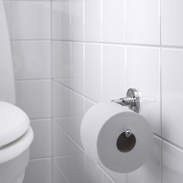 Chrome toilet roll holder with white paper, BROFJÄRDEN series.
