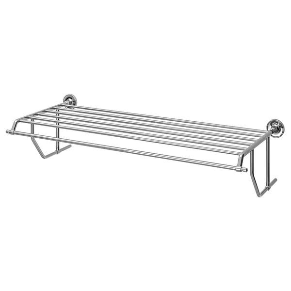 Chrome-plated metal wall shelf with towel bar, rectangular design.