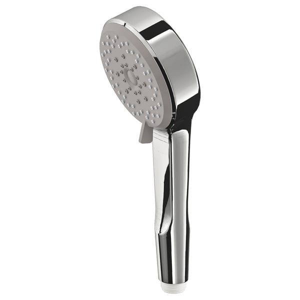 A chrome BROGRUND handheld showerhead with a sleek, modern design and multiple spray options.