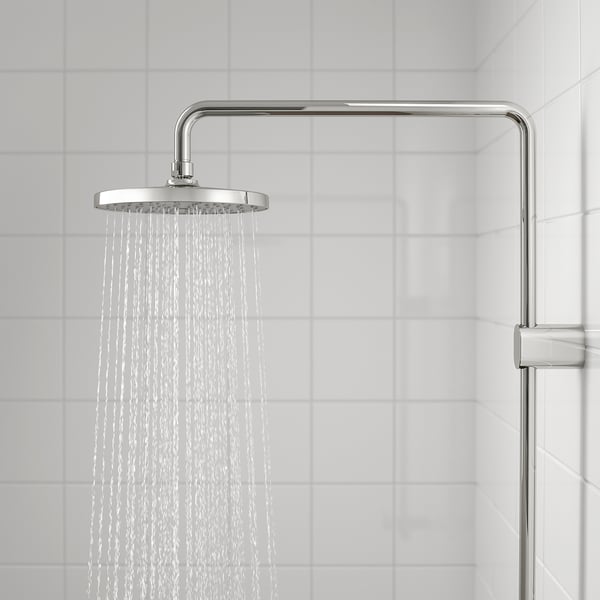 Chrome rain shower head with adjustable arm and diverter.