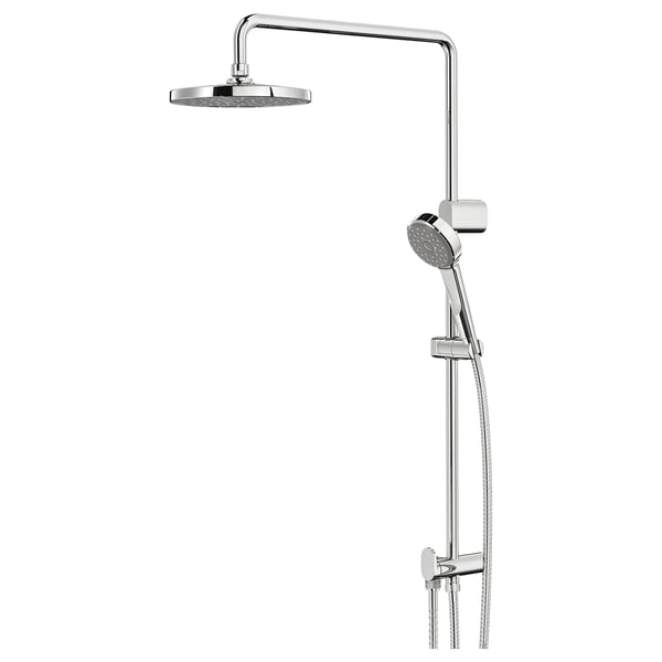 Modern chrome shower system with handheld and overhead heads, featuring a sleek rail design.