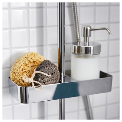 BROGRUND chrome shower shelf with sponges and soap dispenser, modern, white, metal.