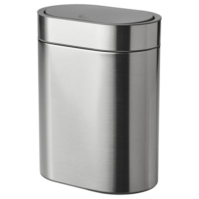 Silver BROGRUND oval waste bin, fingerprint-resistant, stainless steel, press-top.