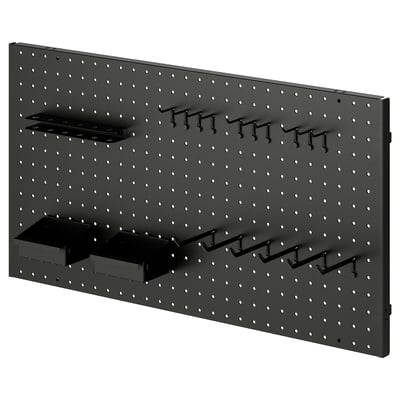 A black BROR pegboard with hooks and storage accessories for garage or room organisation.