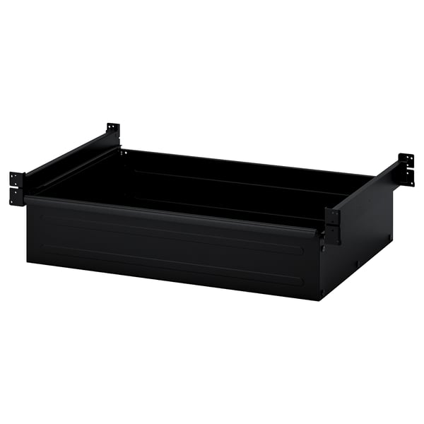 Black BROR steel drawer, sleek design, sturdy construction, pull-out stops, fits various spaces.