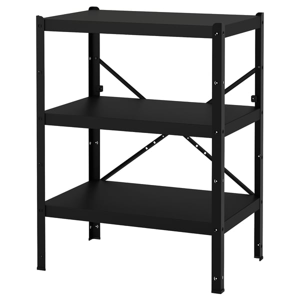 A black BROR three-tier metal storage unit. Its square-shaped with adjustable shelves, ideal for heavy items.