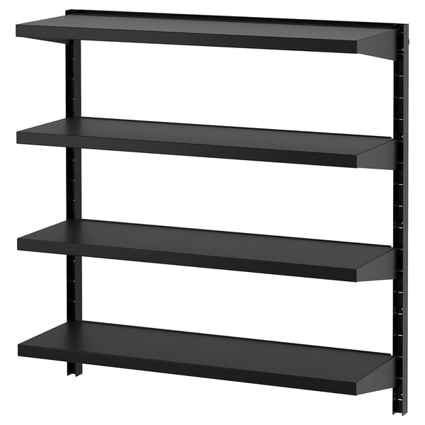 A black BROR shelving unit with four adjustable shelves made of powder-coated galvanized steel, ideal for garage storage.