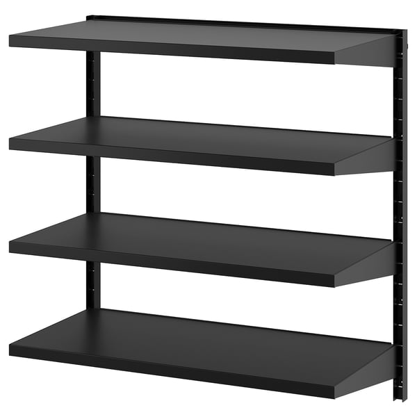 Black BROR shelving with 4 galvanised steel shelves, evenly spaced.
