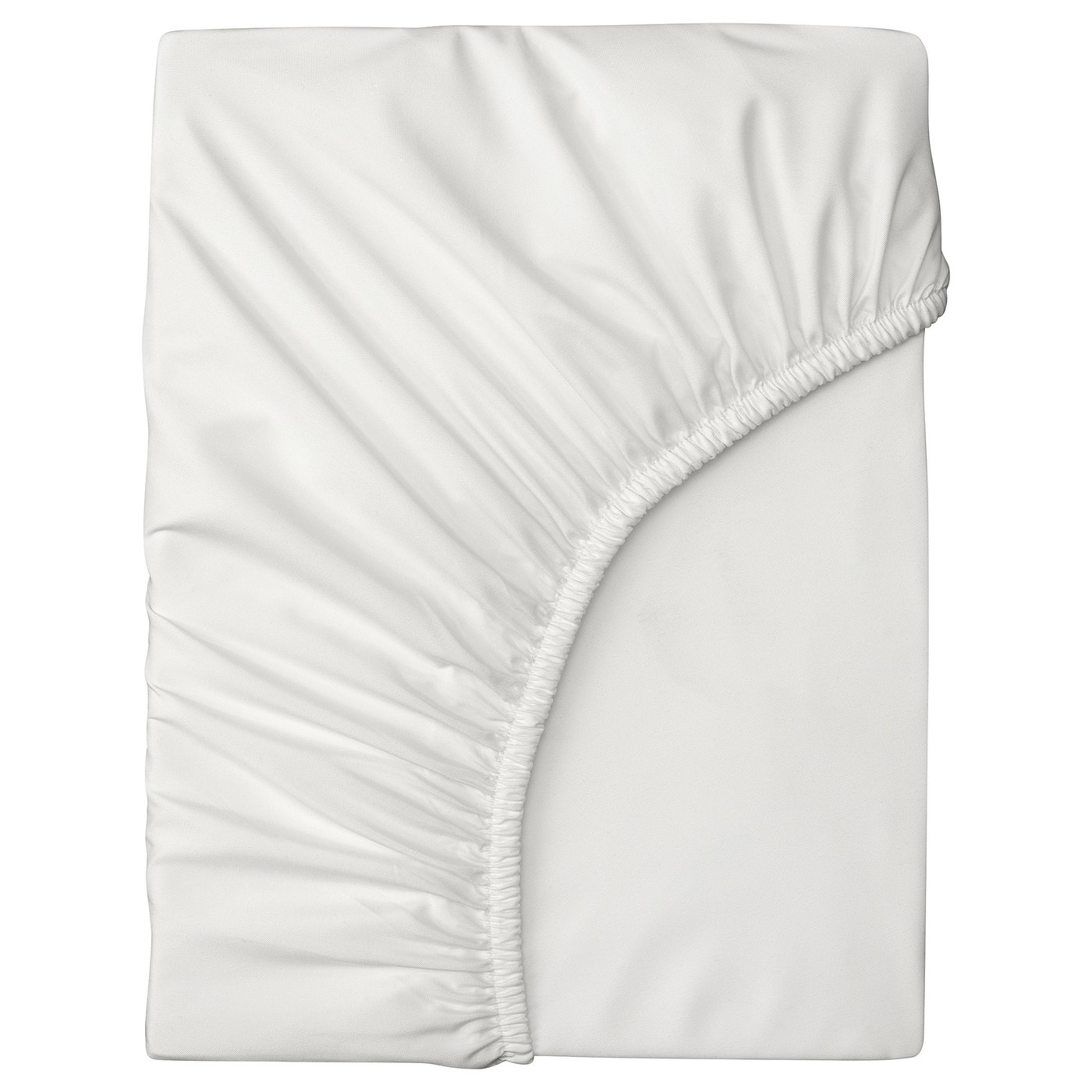 A BRUKSVARA fitted sheet in white by IKEA, made of recycled polyester, featuring a smooth texture and fitted edges.