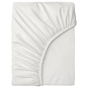 A BRUKSVARA fitted sheet in white by IKEA, made of recycled polyester, featuring a smooth texture and fitted edges.