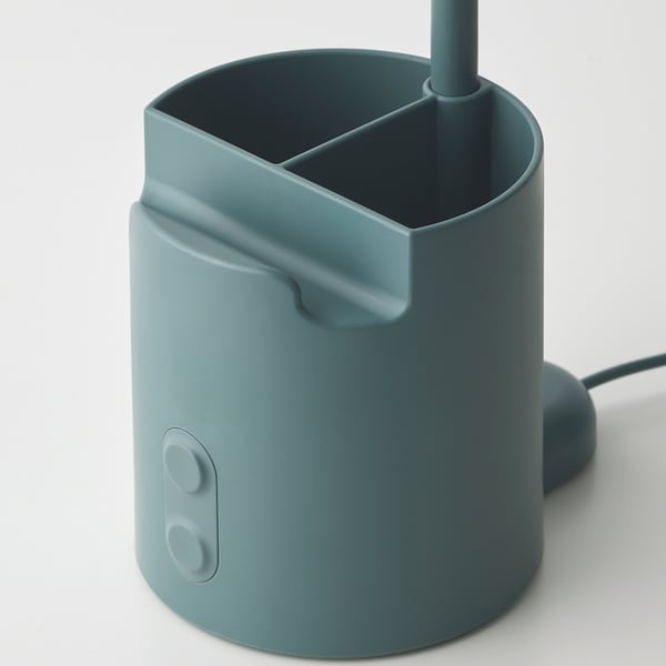 Modern blue desk lamp with pen holder and adjustable arm. Touch dimmer and usb-c connectivity.