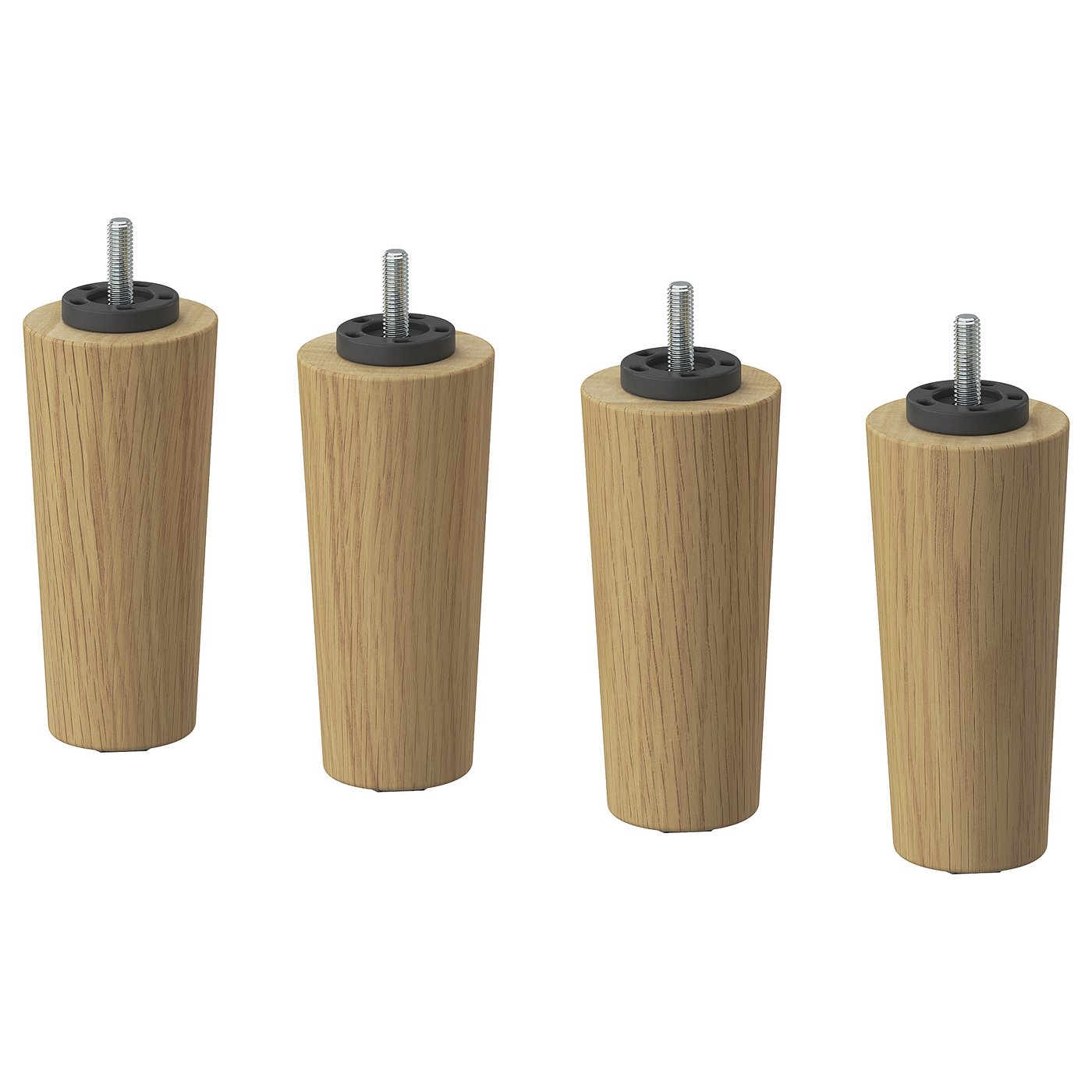 Four BRYNILEN wooden legs with screws, natural colour, cylindrical shape, simple design.