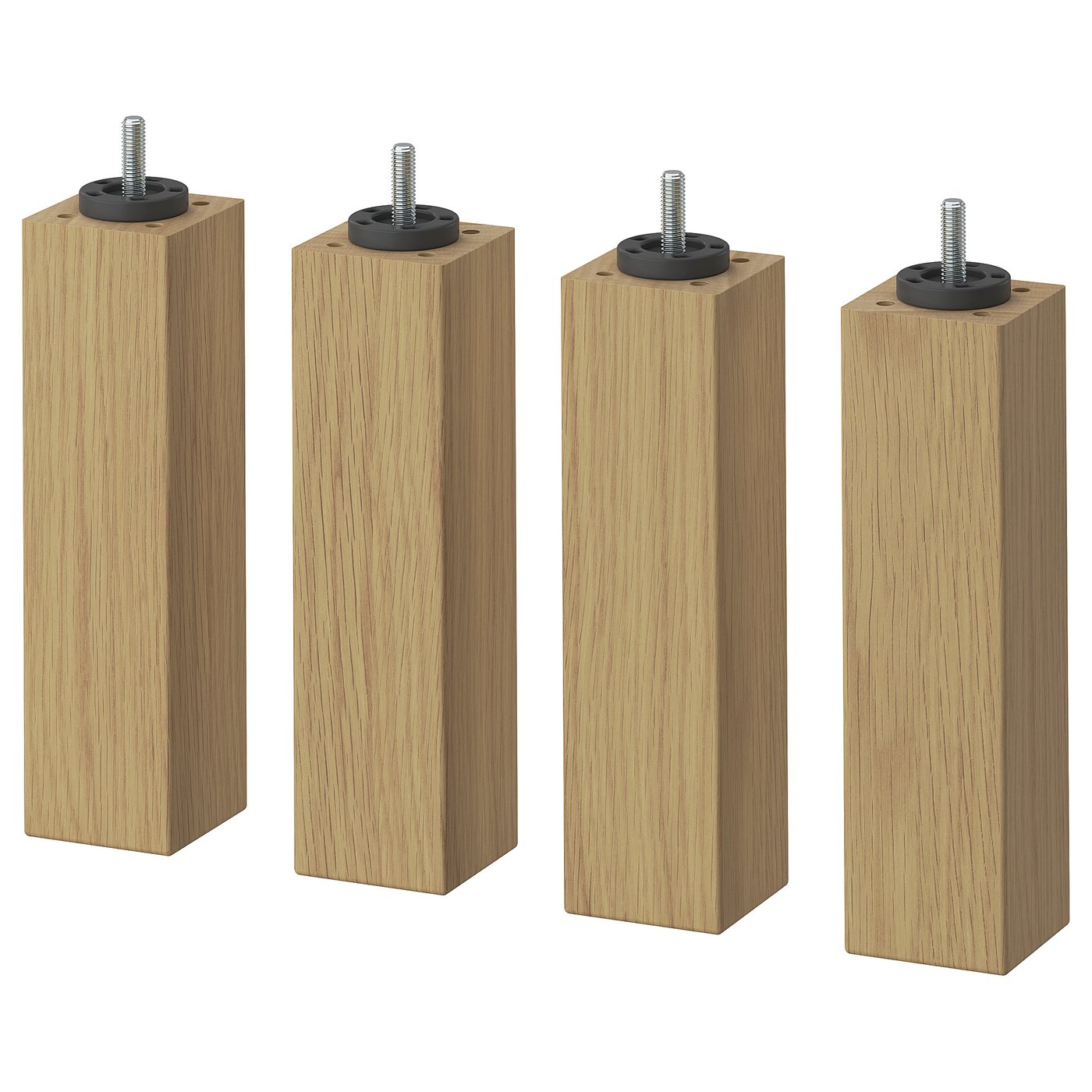 Four BURFJORD wooden legs in light brown, with adjustable screws and black caps.