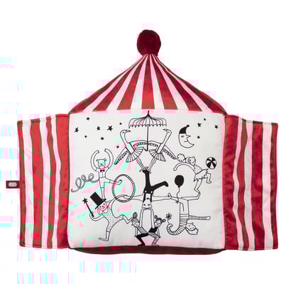 Circus-themed childs pillow, red & white striped, soft toy characters, eco-friendly materials.