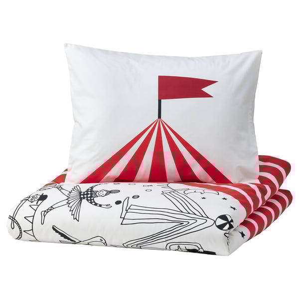 Circus-themed duvet set with red & white striped tent. Soft cotton & lyocell, includes pillowcase.