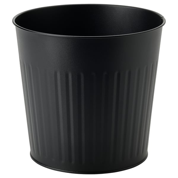 Black cylindrical metal planter, ribbed design, galvanised steel with powder coating.