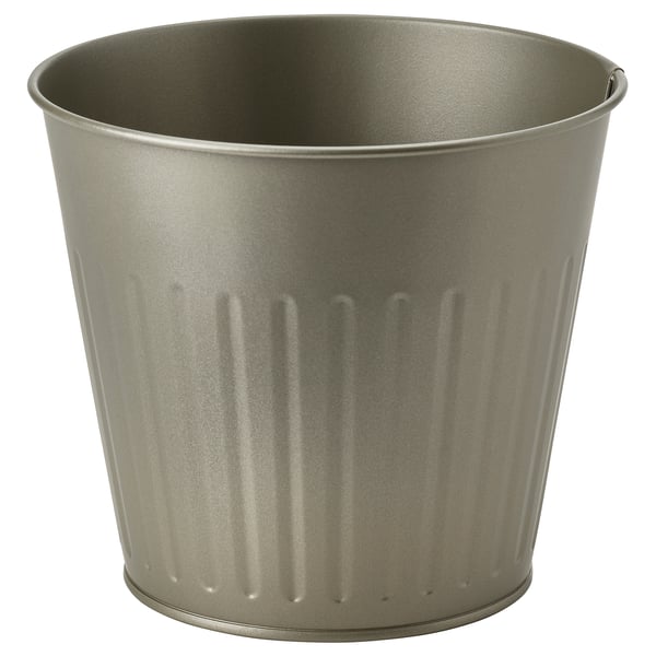 Galvanised steel planter on white background.