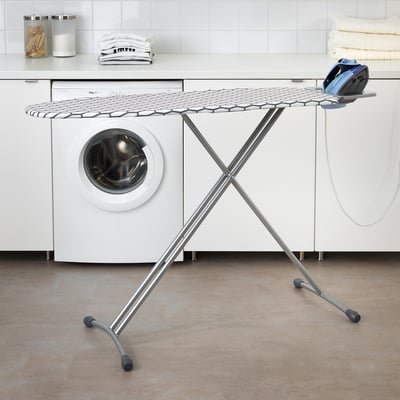 Silver & black ironing board, folds flat. Use: 49 characters