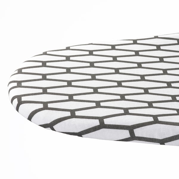 Round ironing board with durable, heat-resistant mesh and hexagonal pattern. Sturdy, foldable design.