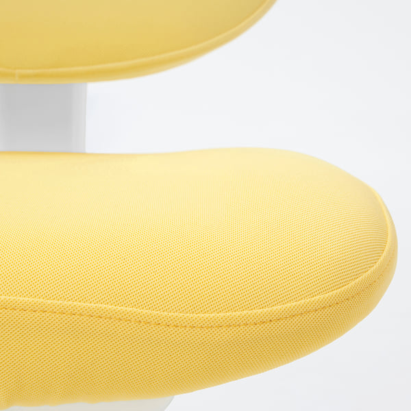 Bright yellow cushioned stool with adjustable seat and back, high-density foam for comfort.