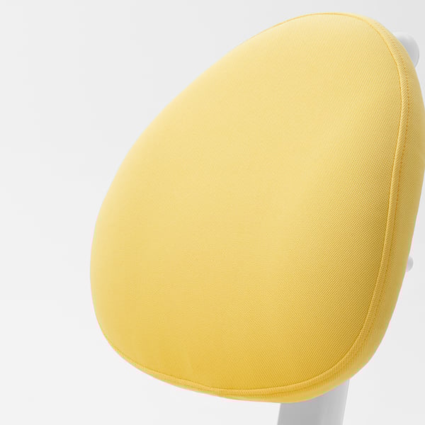 Bright yellow padded office chair backrest, ergonomically designed, with adjustable height for comfort.