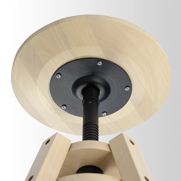 Adjustable wooden lamp with black metal base and screws.