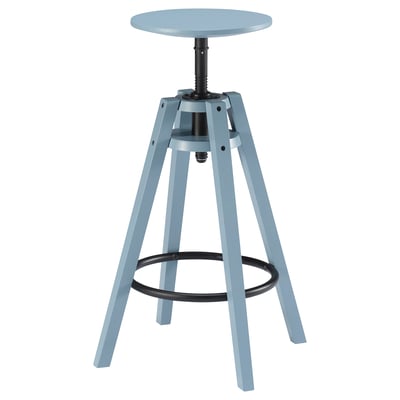 A blue DALFRED adjustable stool with a round seat and three legs.