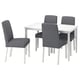 Modern white dining set with four matching grey chairs, sleek design, durable materials.