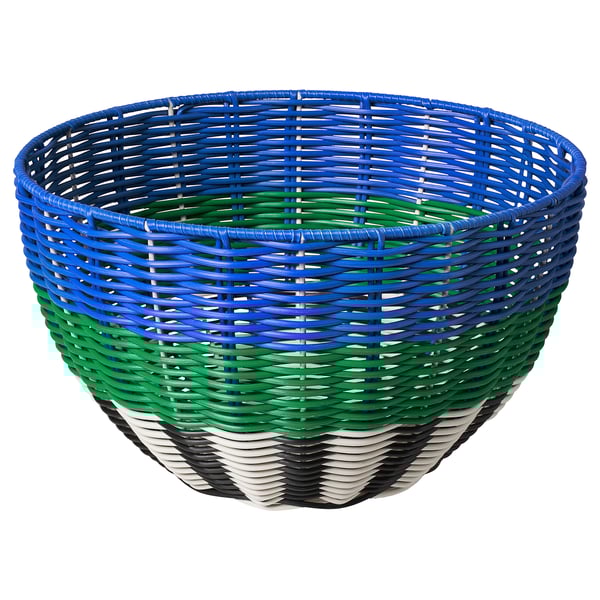 DJURTRÄNARE basket, blue-green, woven plastic, round, multicoloured design.