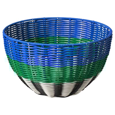 DJURTRÄNARE basket, blue-green, woven plastic, round, multicoloured design.