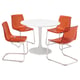 Set of 4 round white table and orange chairs; modern, transparent orange chairs with metal legs, arranged around a small white table.